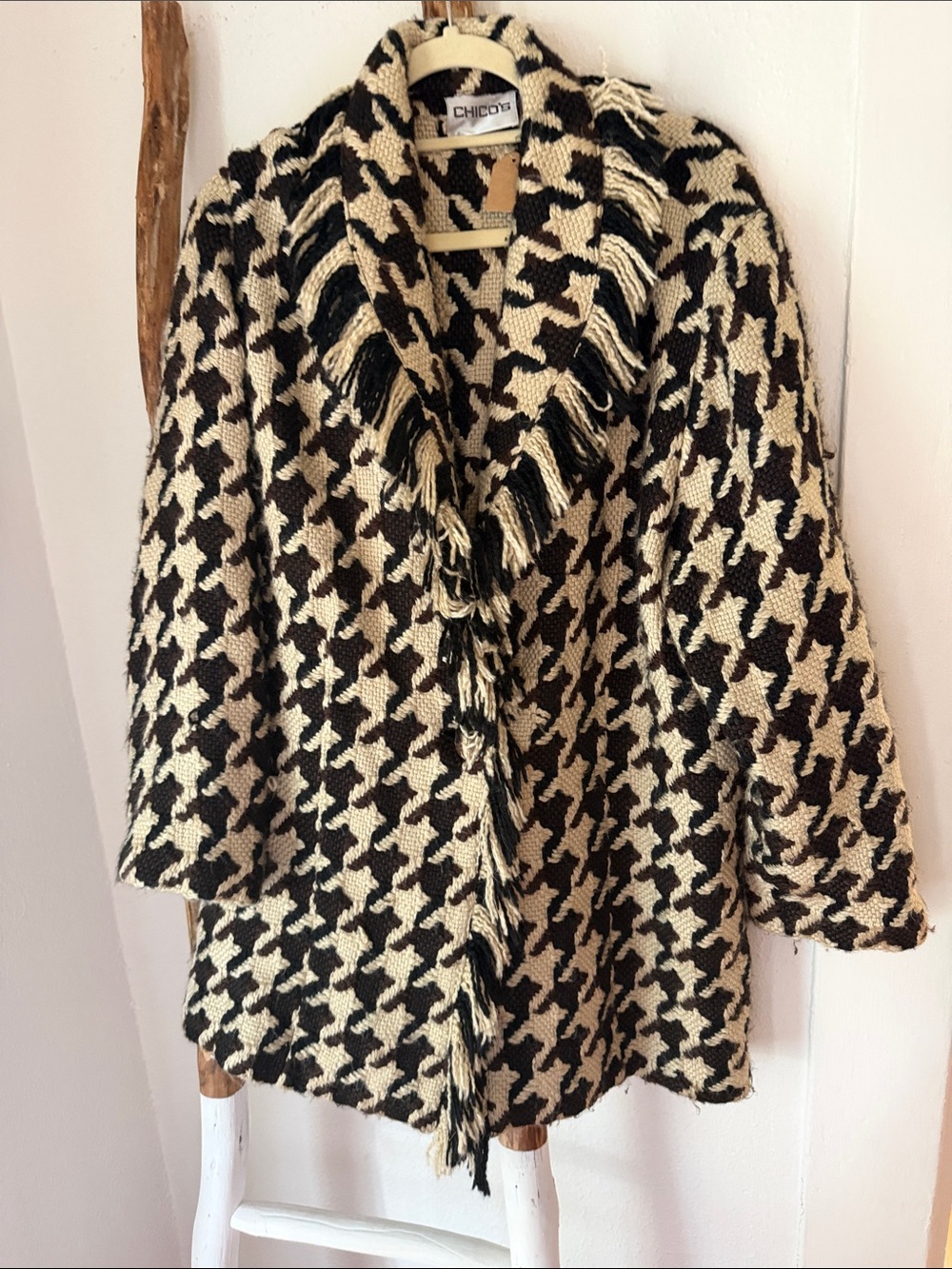 Chico's Brown and Cream Houndstooth Tweed Knit Fringe Knit Jacket Coat XL/1X 3